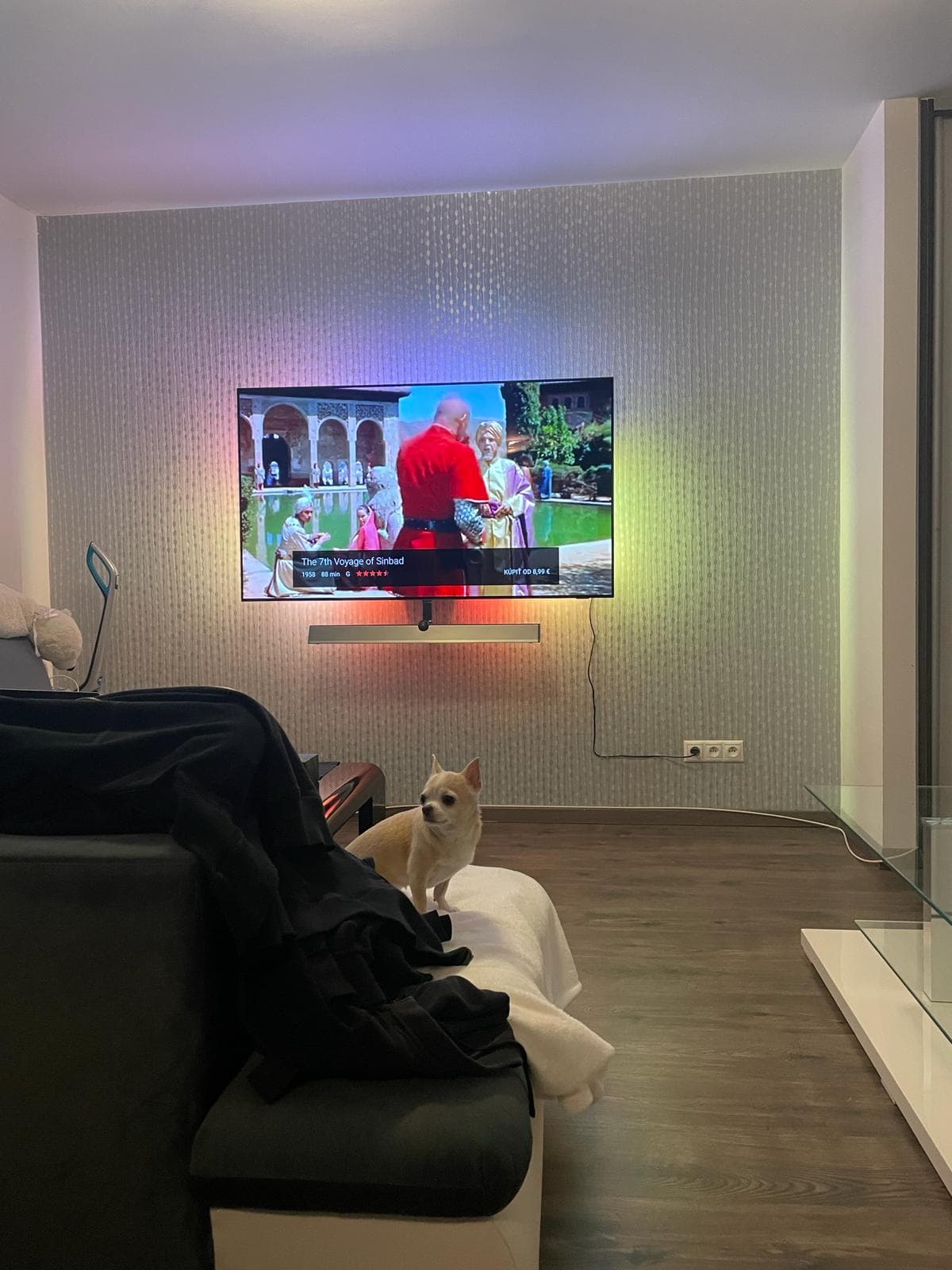 Televízor s farebným ambientným podsvietením v obývačke